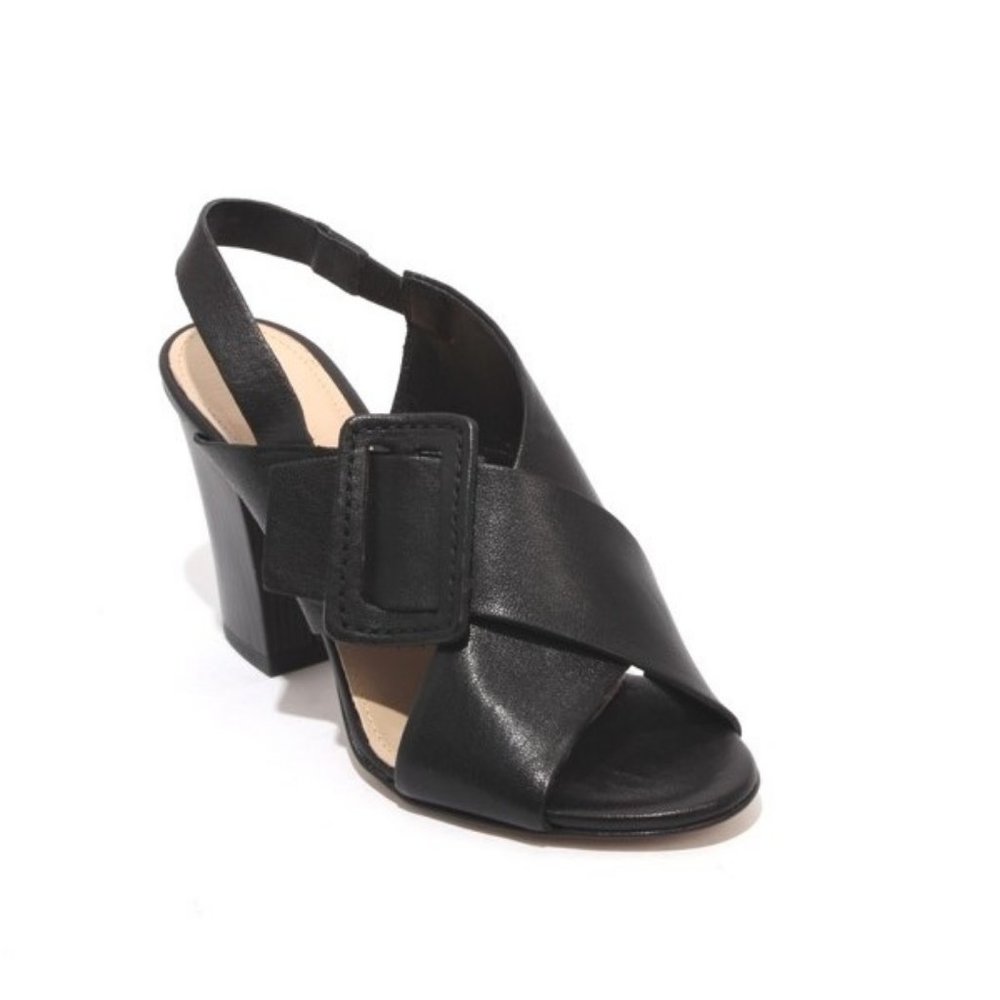 ITALIAN Black Leather Elastic Slingbacks Sandals